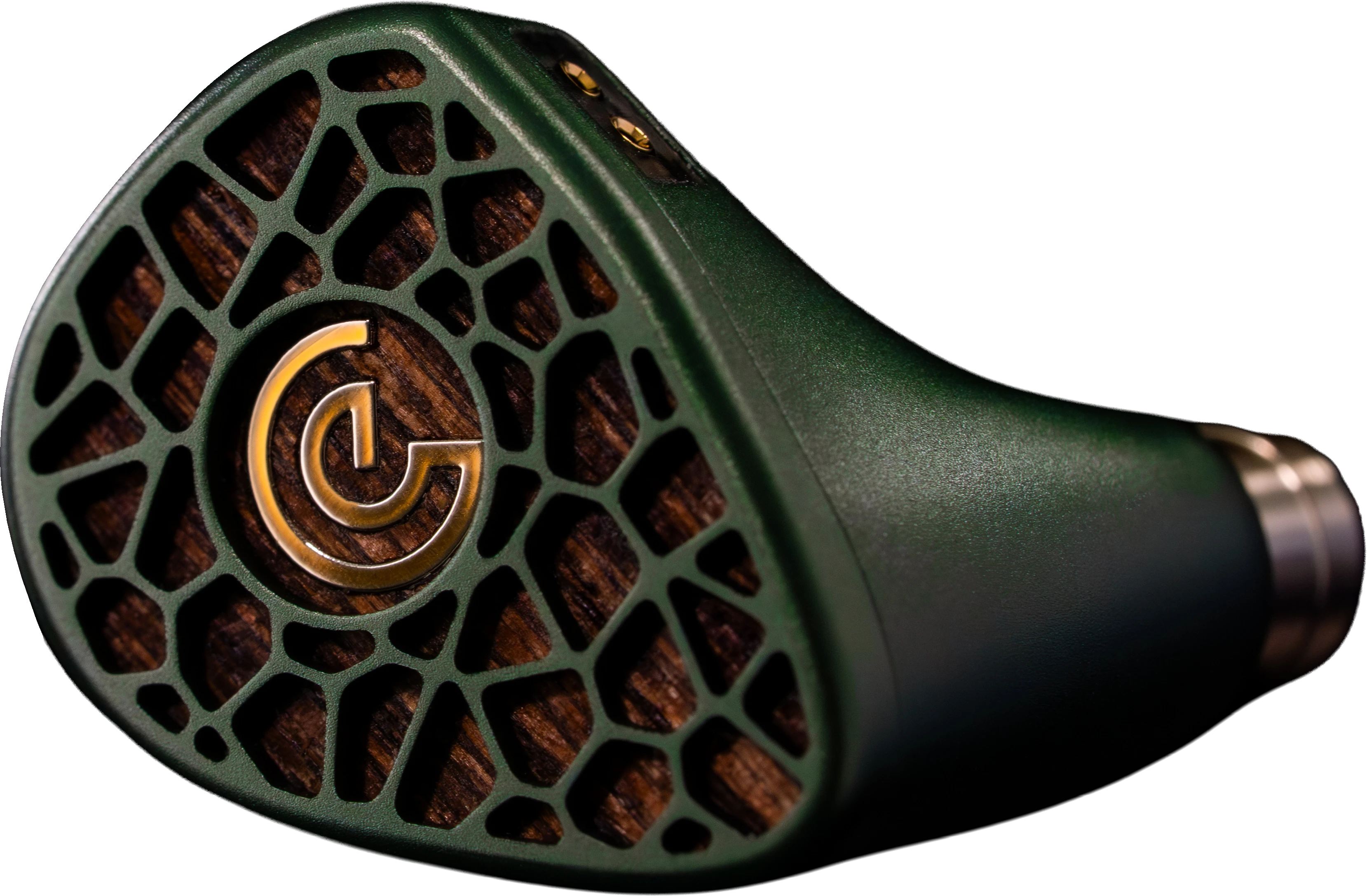 Leszy in-ear monitor with a wooden faceplate in dark forest green aluminium
